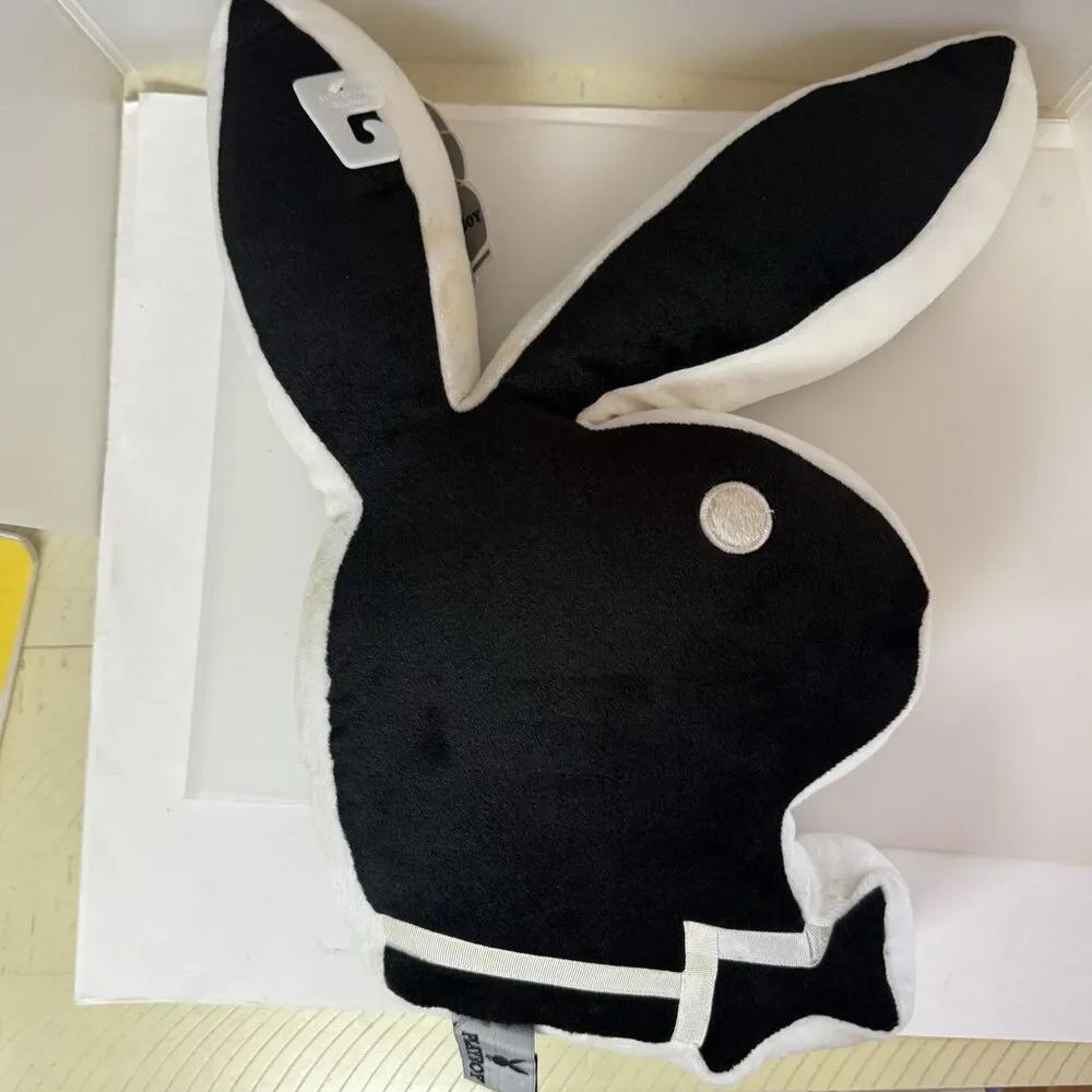 Vintage 2003 Playboy Bunny Head Shaped Pillow Black White Plush w/ Tags, Y2K